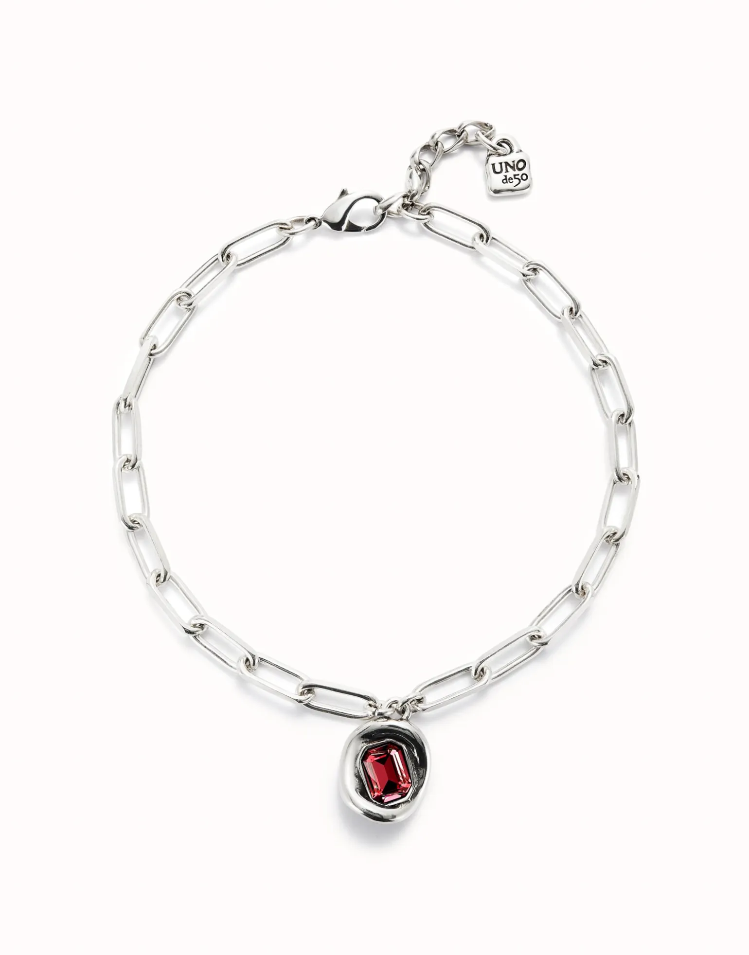 Cadena bañada en plata de ley con eslabones y cristal rojo