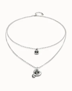 Colgante bañado en plata de ley con doble cadena y corazones con cristal negro