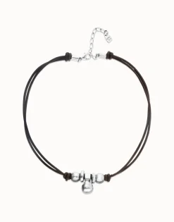Collar de cuero con tres esferas bañadas en plata de ley