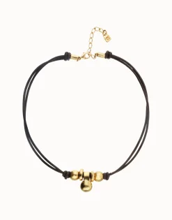 Collar de cuero con tres esferas bañadas en oro 18k