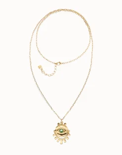 Collar largo bañado en oro 18k con detalle de ojo y cristal facetado verde