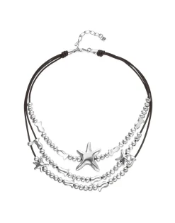Collar multicadena en cuero bañado en plata y estrella de mar