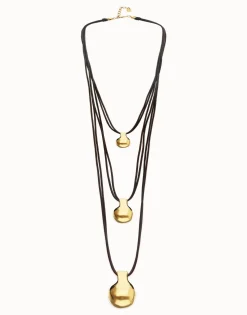 Collar triple de cuero con tres esferas bañadas en oro 18k