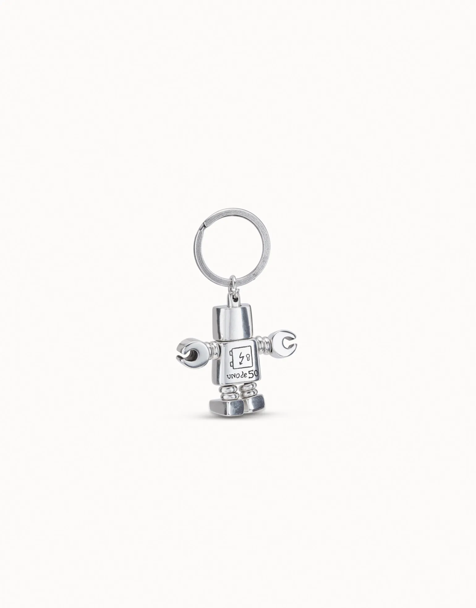 Llavero robot y logo grabado en plata de ley