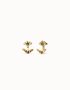Pendientes bañados en oro 18k en forma de ojo con pestañas y cristal facetado verde