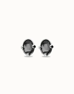 Pendientes bañados en plata con cristal facetado ovalado negro