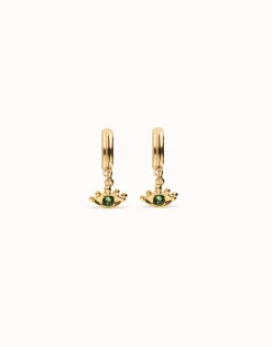 Pendientes de aro bañados en oro 18k con forma de ojo y cristal facetado verde
