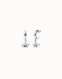 Pendientes de aro bañados en plata de ley con forma ojo y cristal facetado azul