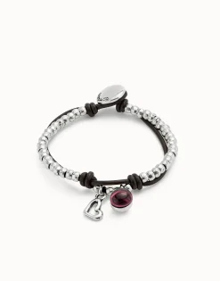 Pulsera bañada en plata de ley con cuero y cristal morado