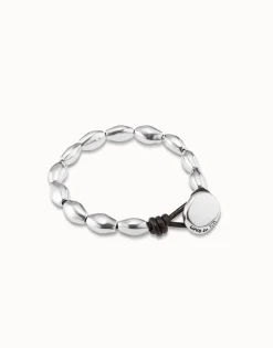 Pulsera bañada en plata de ley y cuero con fornitura ovalada