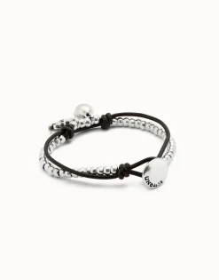 Pulsera bañadas en plata de ley con cuero y cristal de murano marfil