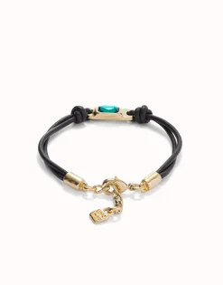 Pulsera de cuero bañada en oro 18k con cristal verde