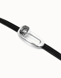 Pulsera de cuero bañada en plata de ley y cristal facetado negro