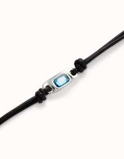 Pulsera de cuero bañada en plata de ley con cristal azul celeste