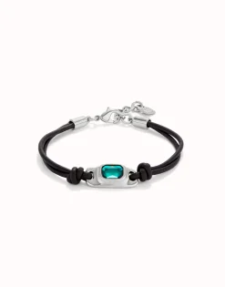Pulsera de cuero bañada en plata de ley con cristal verde