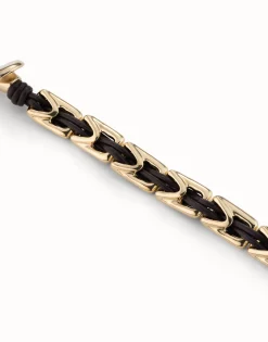 Pulsera de cuero con eslabones bañados en oro de 18k