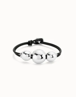 Pulsera de cuero con tres bolas grandes bañadas en plata de ley