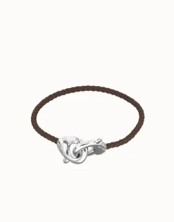 Pulsera de cuero marrón con mosquetón entrelazado en plata