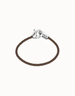 Pulsera de cuero marrón con mosquetón entrelazado en plata