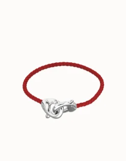 Pulsera de cuero rojo con mosquetón entrelazado en plata