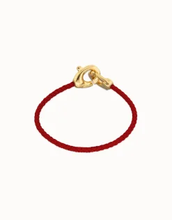 Pulsera de cuero rojo con mosquetón entrelazado en oro