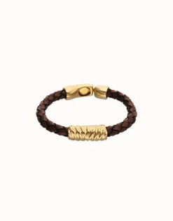Pulsera de cuero trenzado marrón y detalle bañado en oro 18k