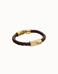 Pulsera de cuero trenzado marrón y detalle bañado en oro 18k