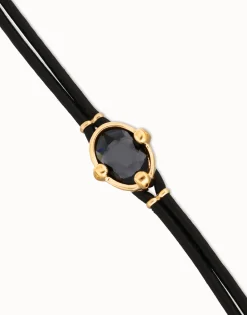 Pulsera de cuero y baño en 18k con cristal facetado ovalado negro