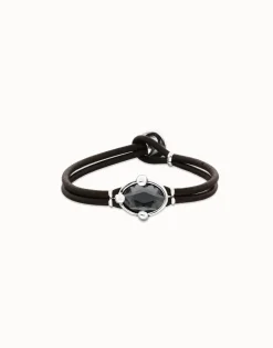 Pulsera de cuero y baño en plata con cristal facetado ovalado negro