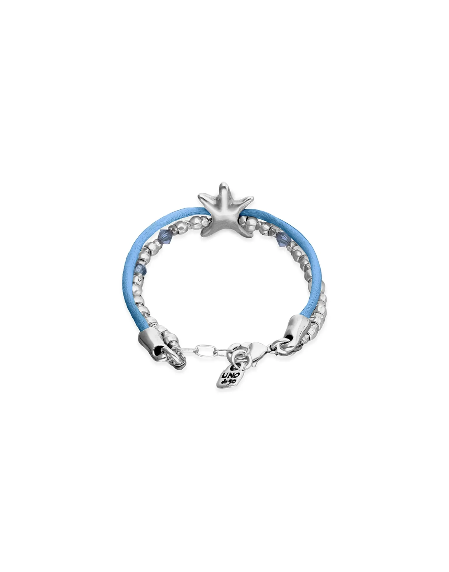 Pulsera de hilo de seda en color azul bañada en plata con estrella de mar