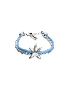Pulsera de hilo de seda en color azul bañada en plata con estrella de mar