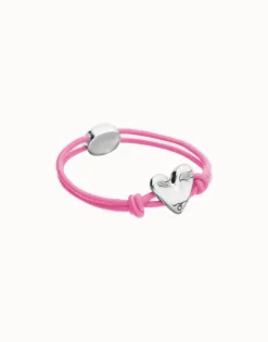 Pulsera de hilo elástico rosa con corazón bañado en plata de ley