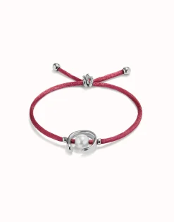Pulsera de hilo malva con perla shell fornitura bañada en plata de ley.