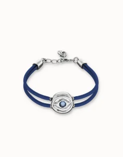 Pulsera doble de cuero azul con ojo bañado en plata de ley