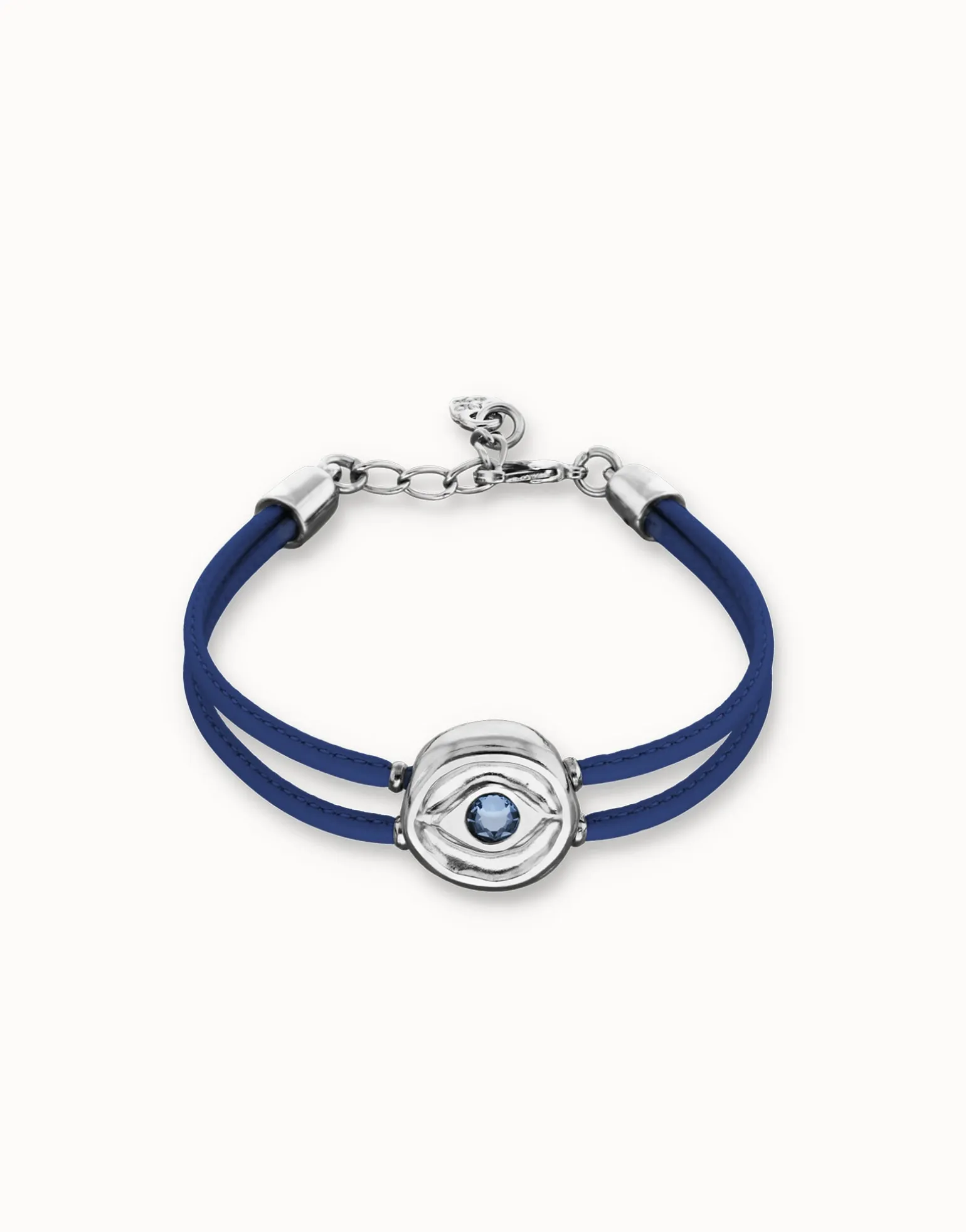 Pulsera doble de cuero azul con ojo bañado en plata de ley