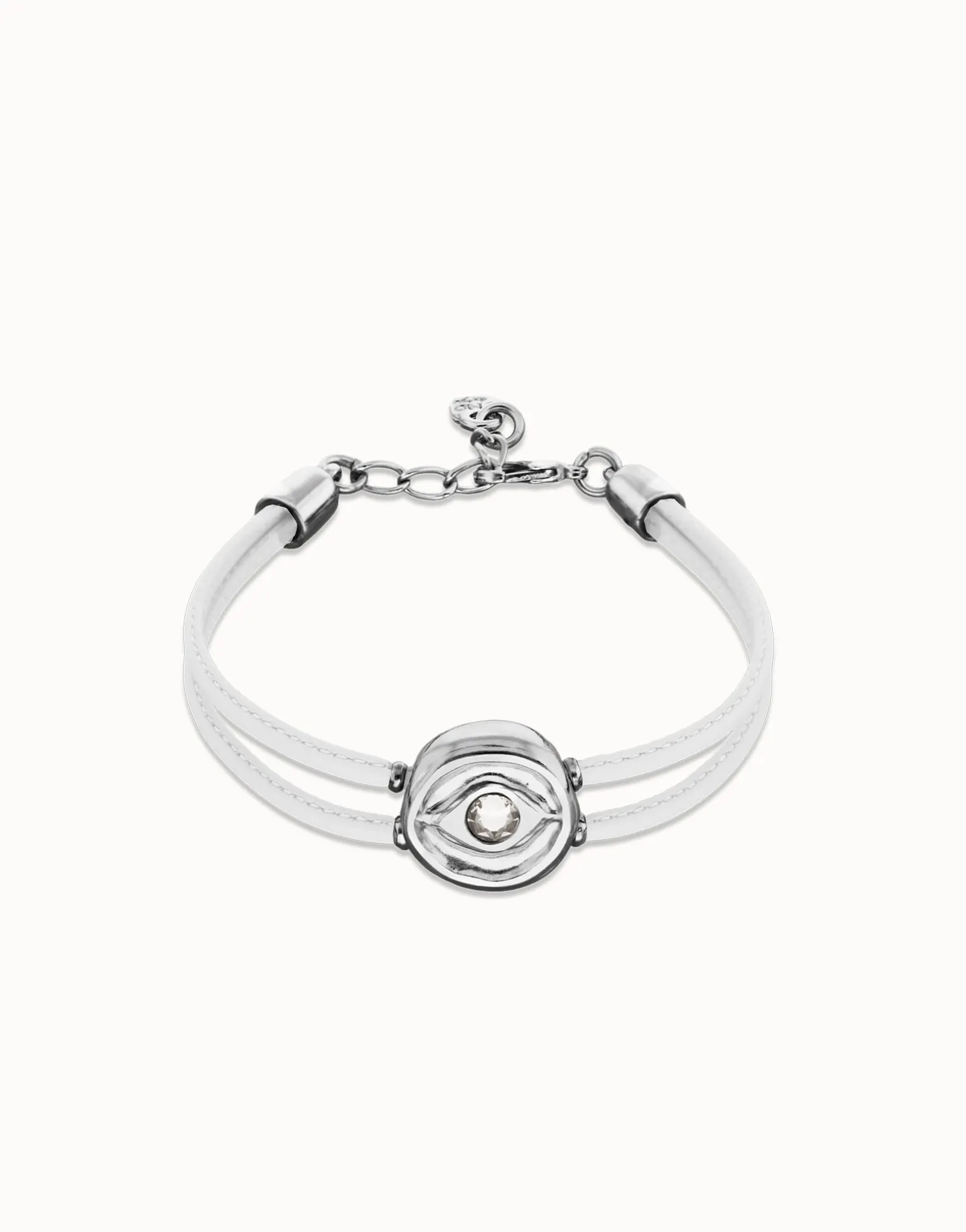 Pulsera doble de cuero blanco con ojo bañado en plata de ley