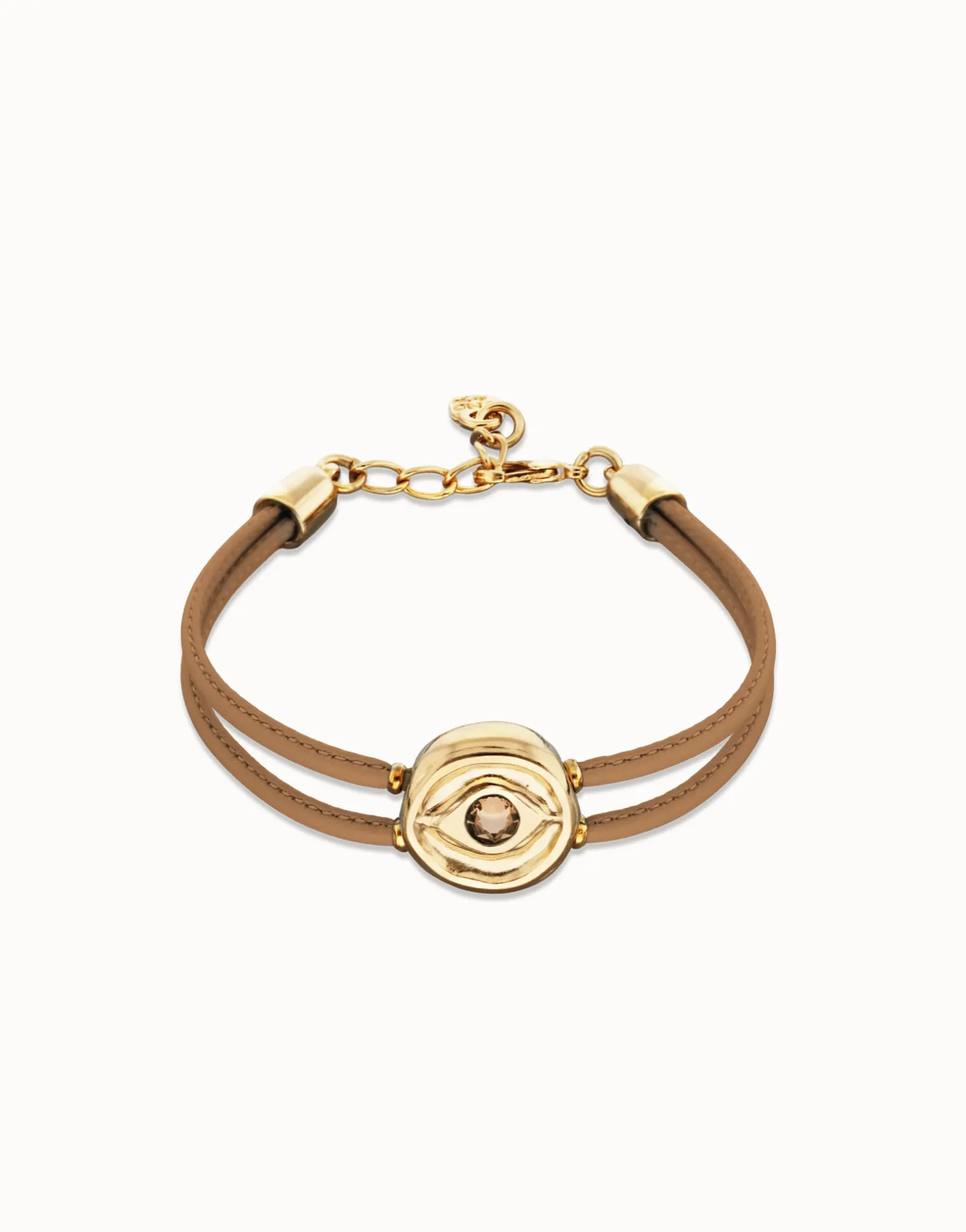 Pulsera doble de cuero crema con ojo bañado en oro 18k