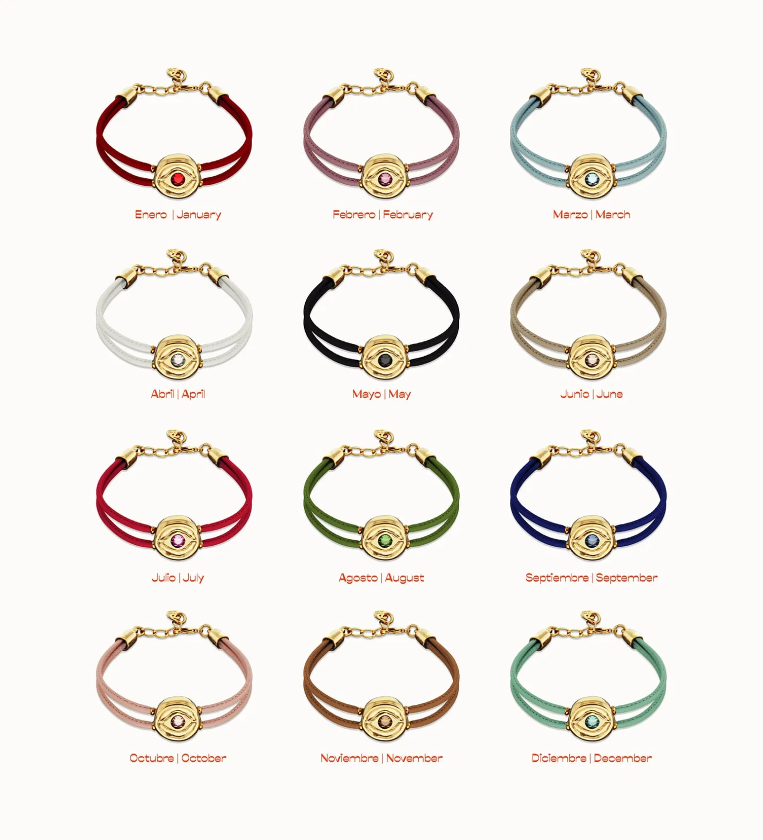 Pulsera doble de cuero crema con ojo bañado en oro 18k
