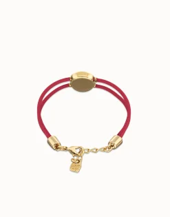 Pulsera doble de cuero fucsia con ojo bañado en oro 18k