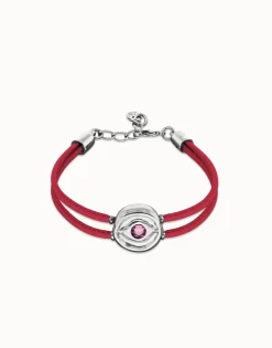 Pulsera doble de cuero fucsia con ojo bañado en plata de ley