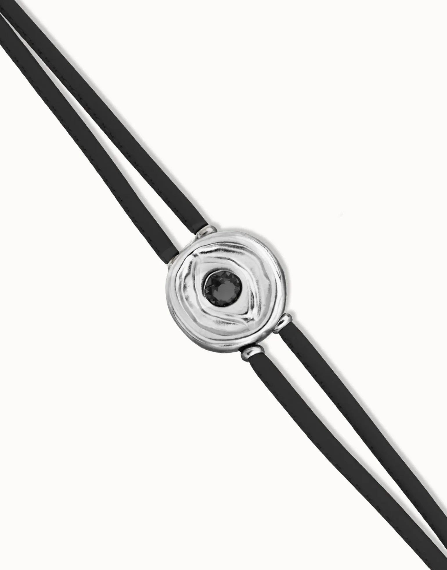 Pulsera doble de cuero negro con ojo bañado en plata de ley