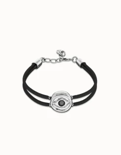 Pulsera doble de cuero negro con ojo bañado en plata de ley