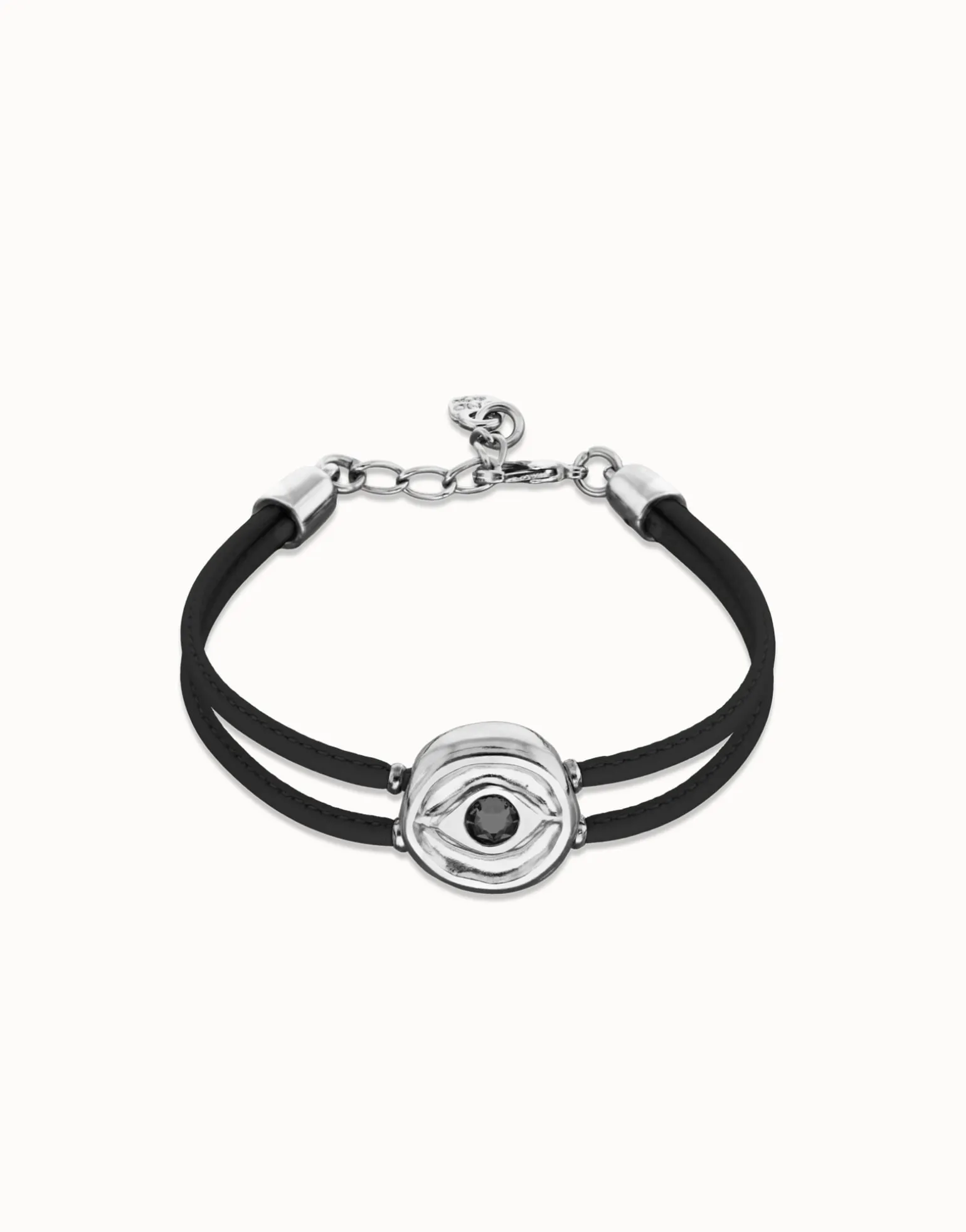Pulsera doble de cuero negro con ojo bañado en plata de ley