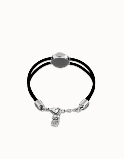 Pulsera doble de cuero negro con ojo bañado en plata de ley