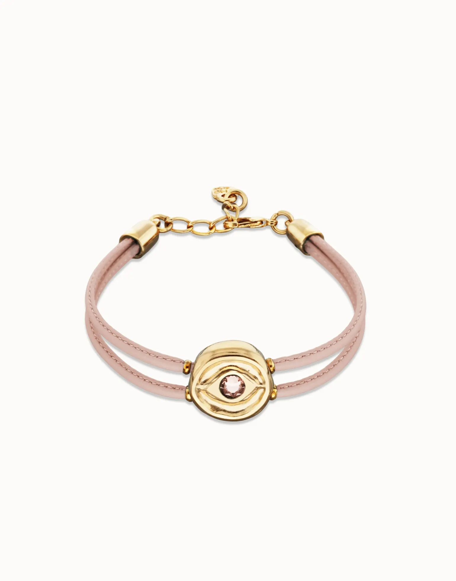 Pulsera doble de cuero rosa con ojo bañado en oro 18k