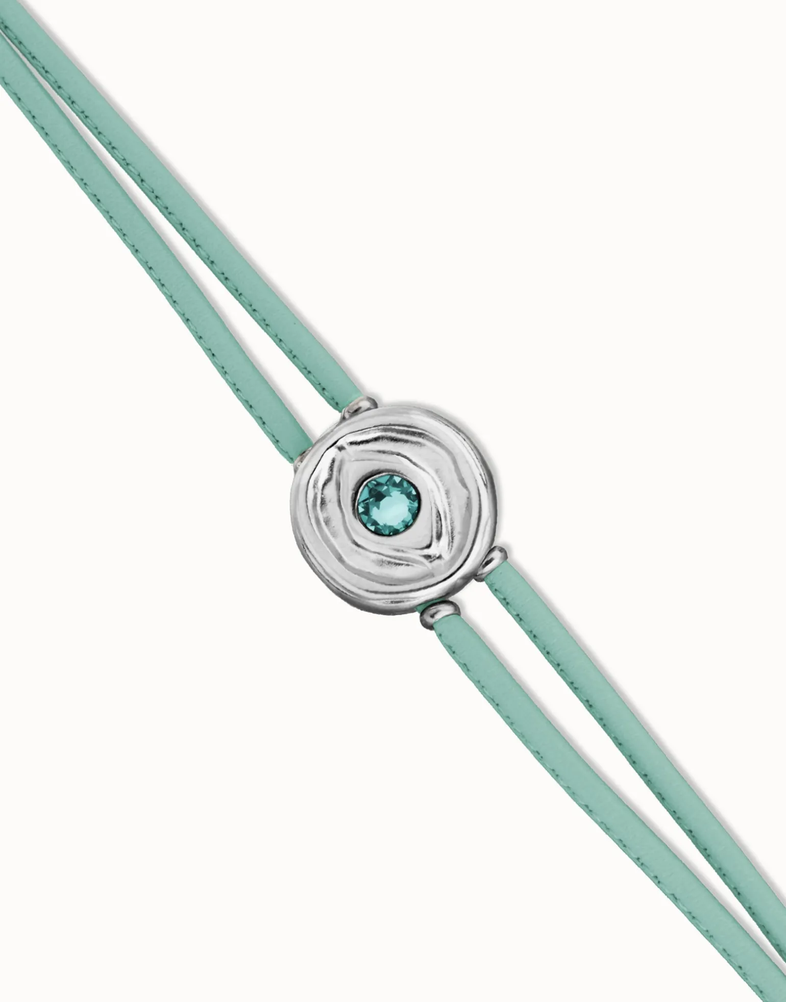 Pulsera doble de cuero turquesa con ojo bañado en plata de ley