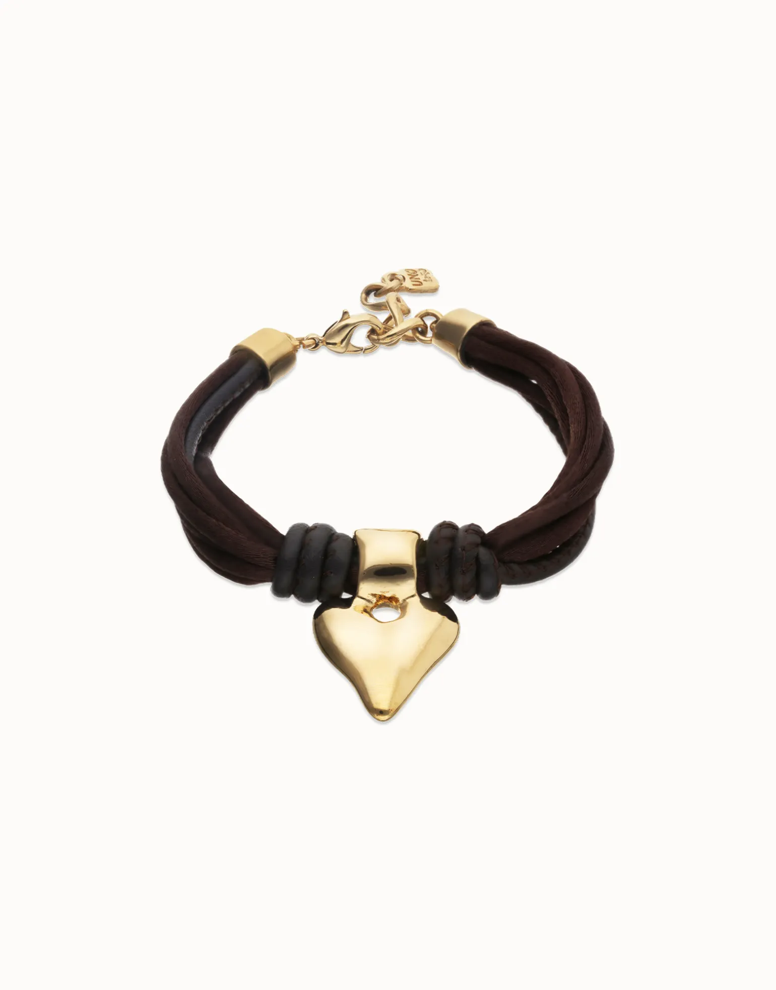 Pulsera en hilo de seda y cuero marrón con corazón bañado en oro 18k
