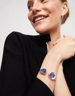 Pulsera rígida bañada en plata de ley y dos cristales morados